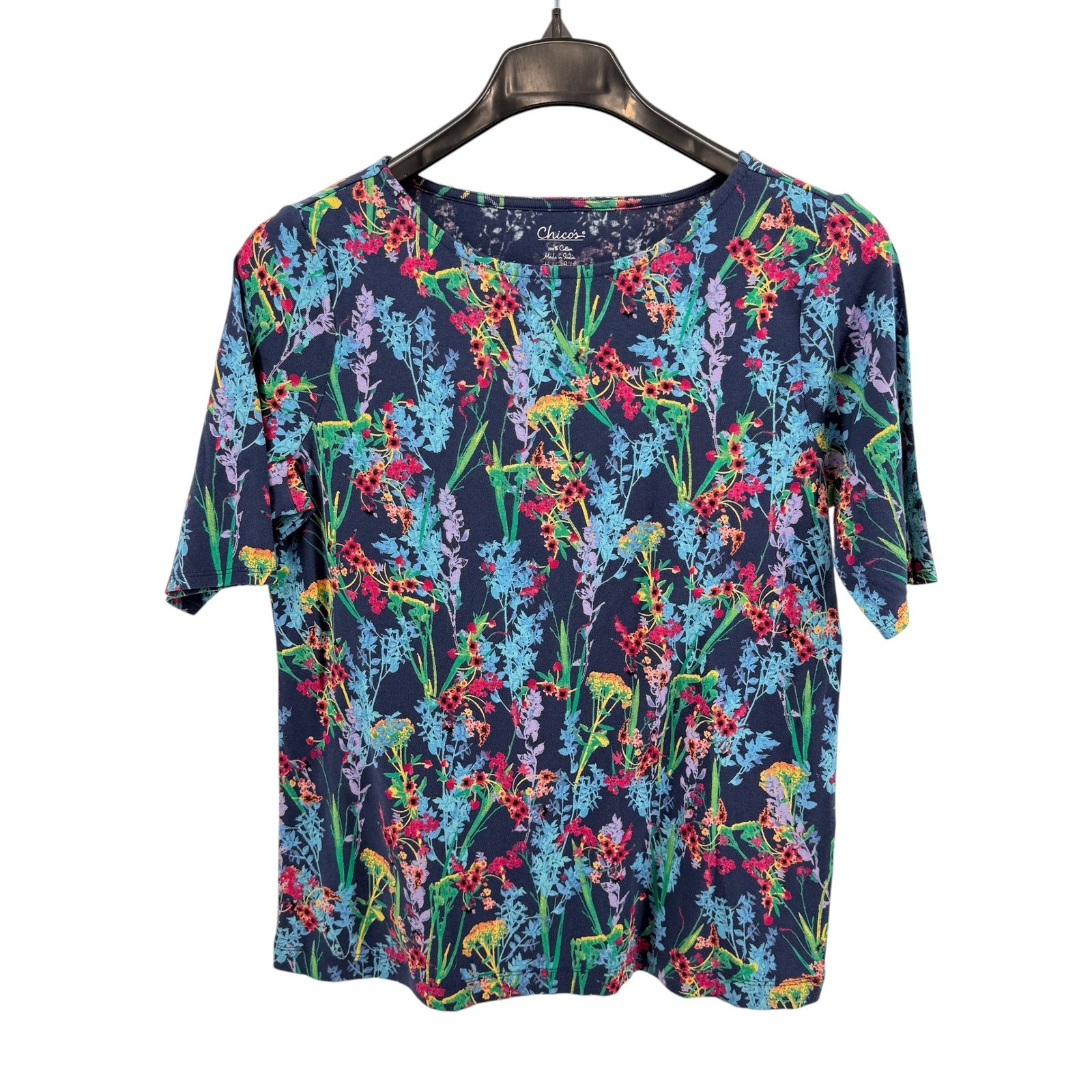NEW Chico\'s Floral Knit Top Womens 2/Large SS Sleeve Navy Blue Button Cuff Shirt