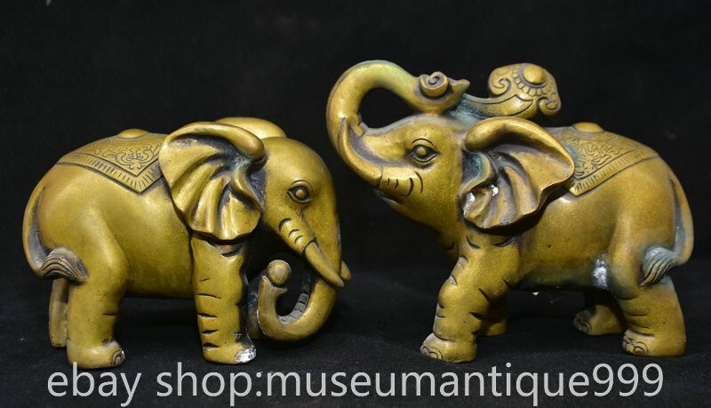 7.2 Old Chinese Copper Feng Shui Ru Yi Animal elephant Statue Sculpture Pair