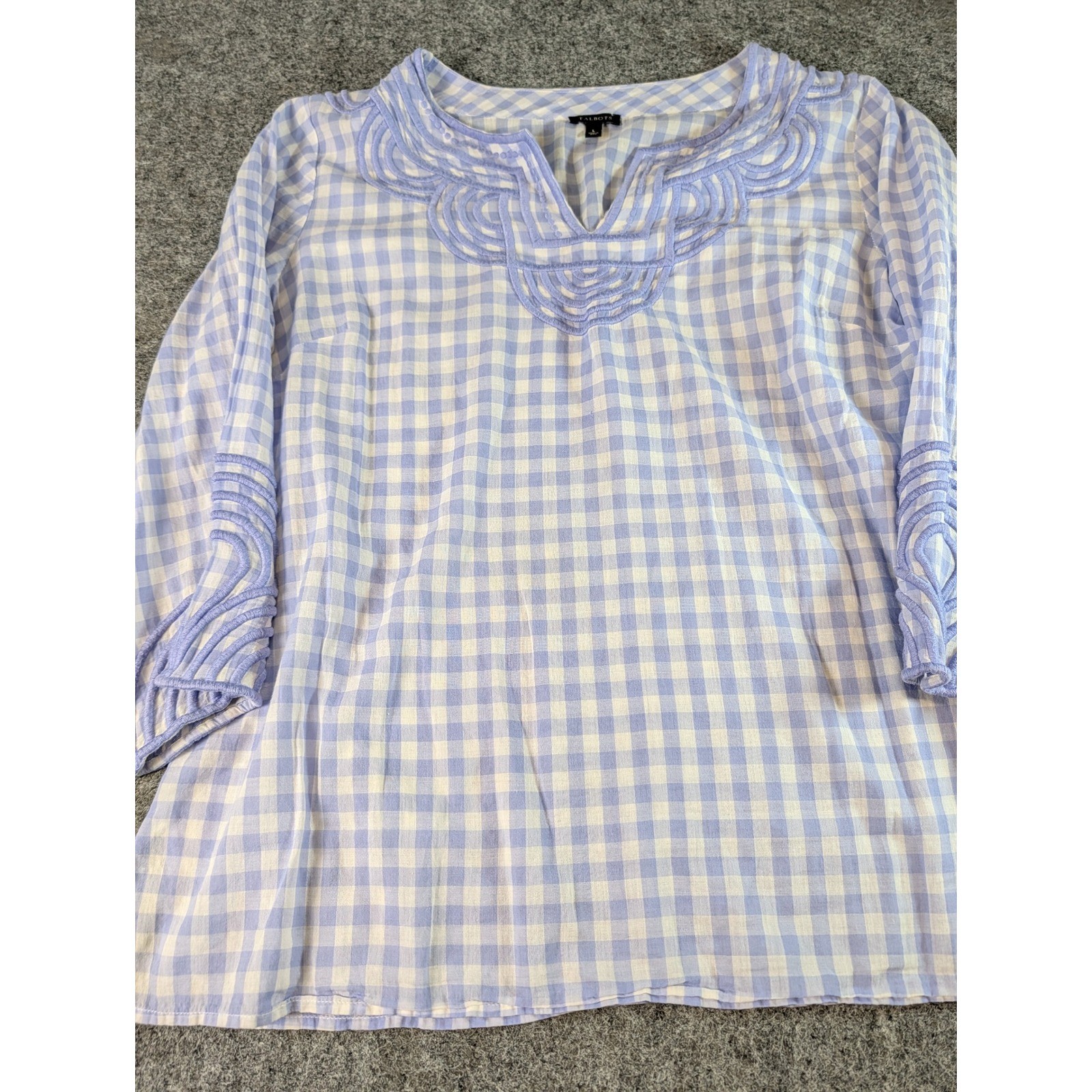 Talbots Blue Gingham Cotton Blouse Split Neck Embroidered 3/4 Sleeve Large Talbots Blue Gingham Cotton Blouse Split Neck Embroidered 3/4 Sleeve Large