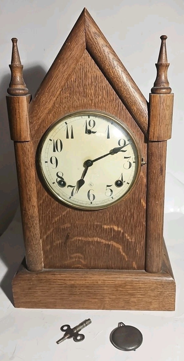 Antique Wooden Cathedral Clock Mantel W.M. L. GILBERT Clock Co USA W/ Key
