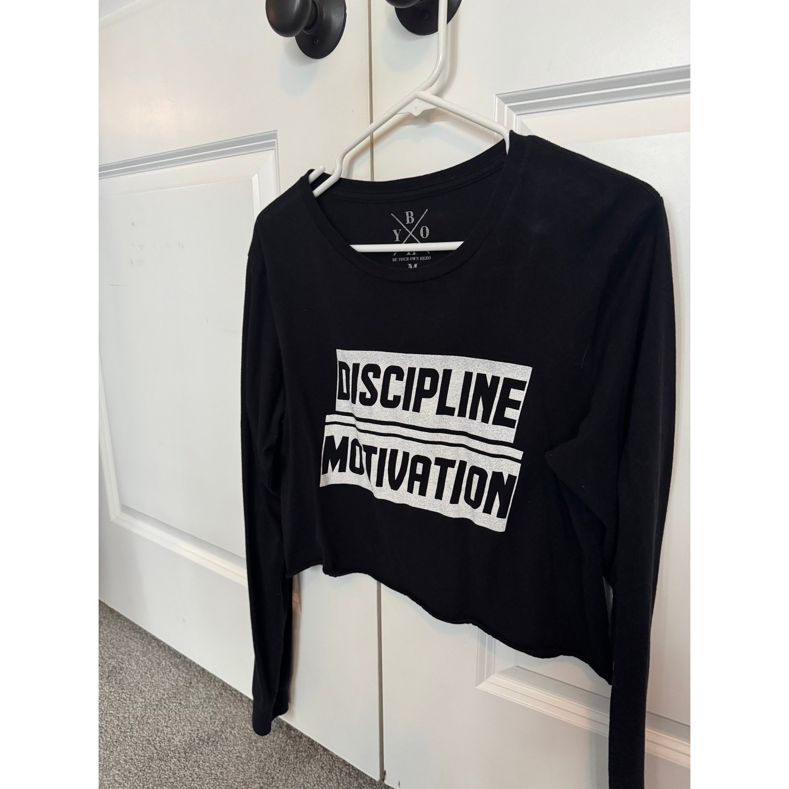 BYOH Be Your Own Hero Long Sleeve Graphic Tshirt Black Cropped Size M