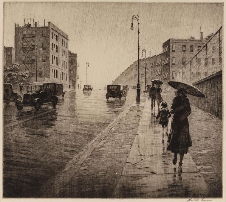 Martin Lewis : Rainy Day in Queens : Urban Street Scene Etching Art Print