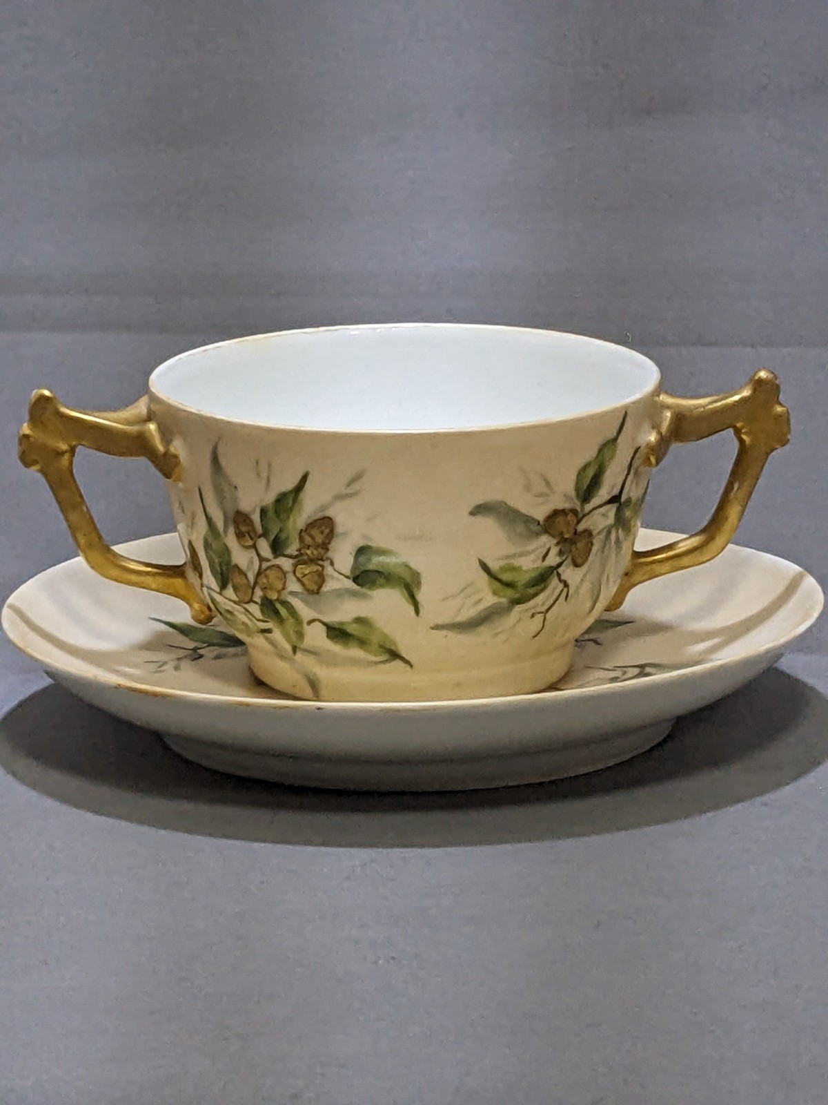 Antique T&V Limoges France two Gold Handled Bouillon Cup& Saucer  Nut Berry 1892