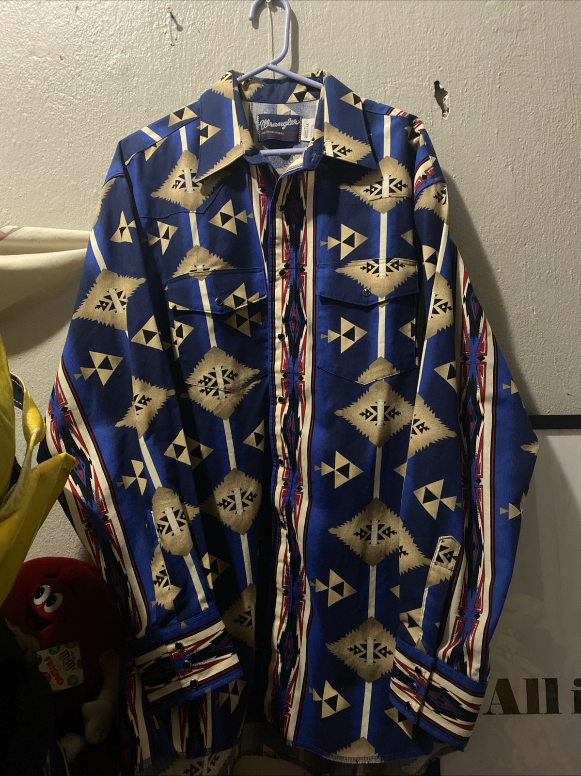 Wrangler Western Shirt XL Tall Aztec Geometric Pearl Snap Blue Vintage 90s Style