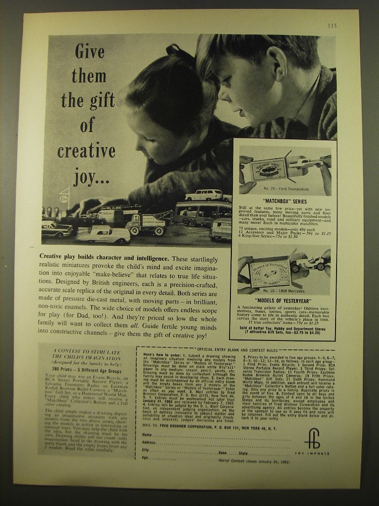 1961 Fred Bronner Matchbox Toy Cars Advertisement - Give gift of creative joy