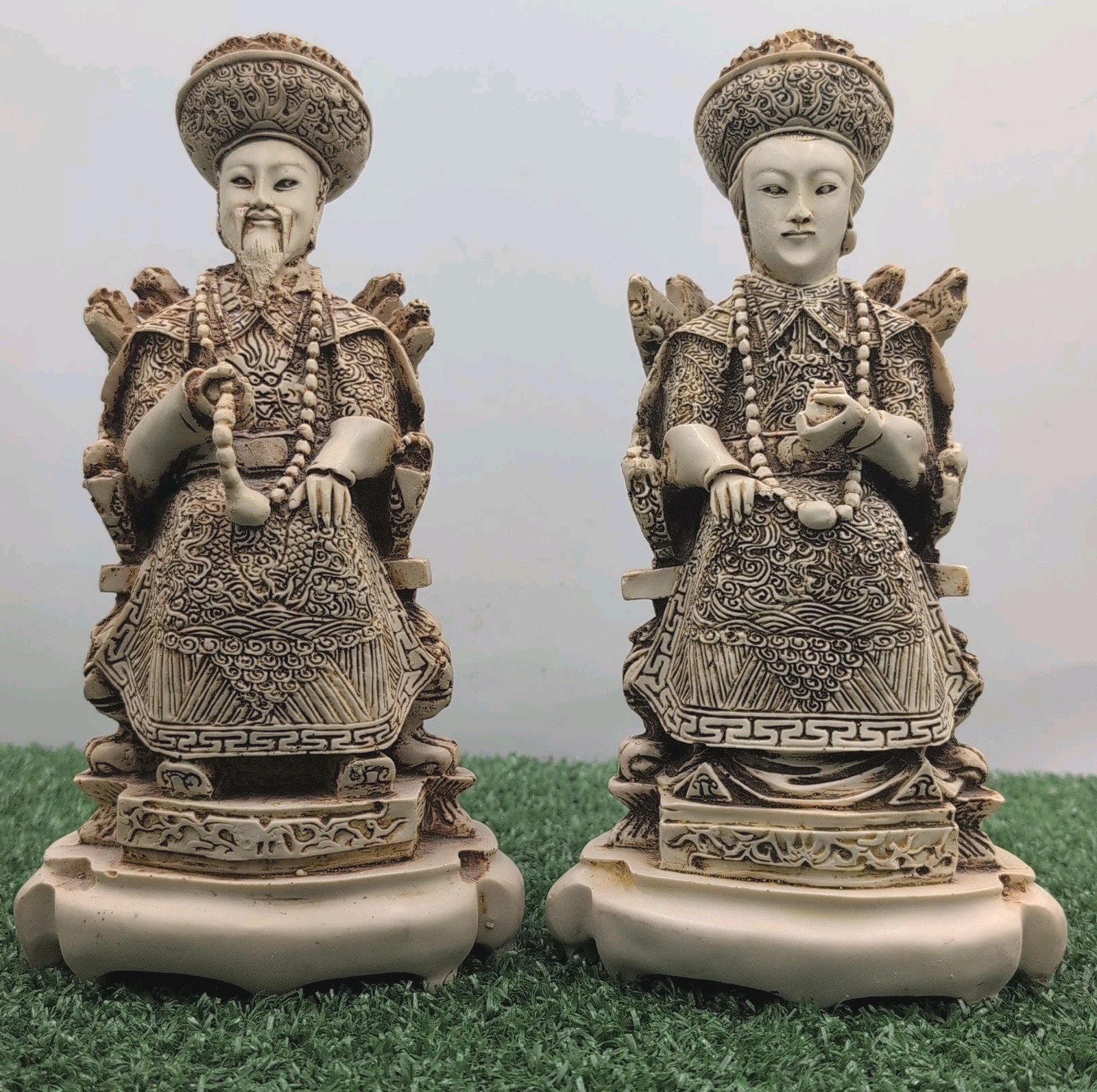 VTG Chinese Emperor & Empress Pair Asian Figure Couple Statues Resin Hand Carved