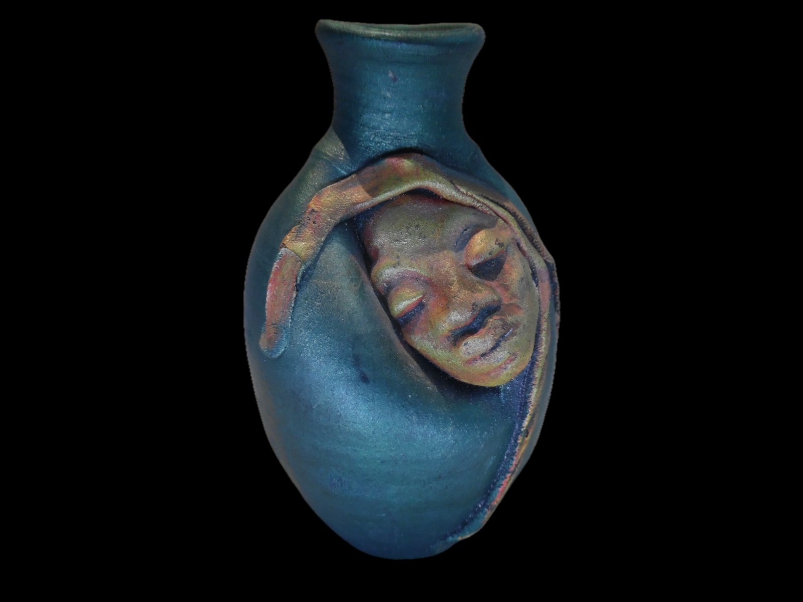 Vintage Paul Mykoo Creative Clays Jamaica Signed Face Vase Green Raku Gold