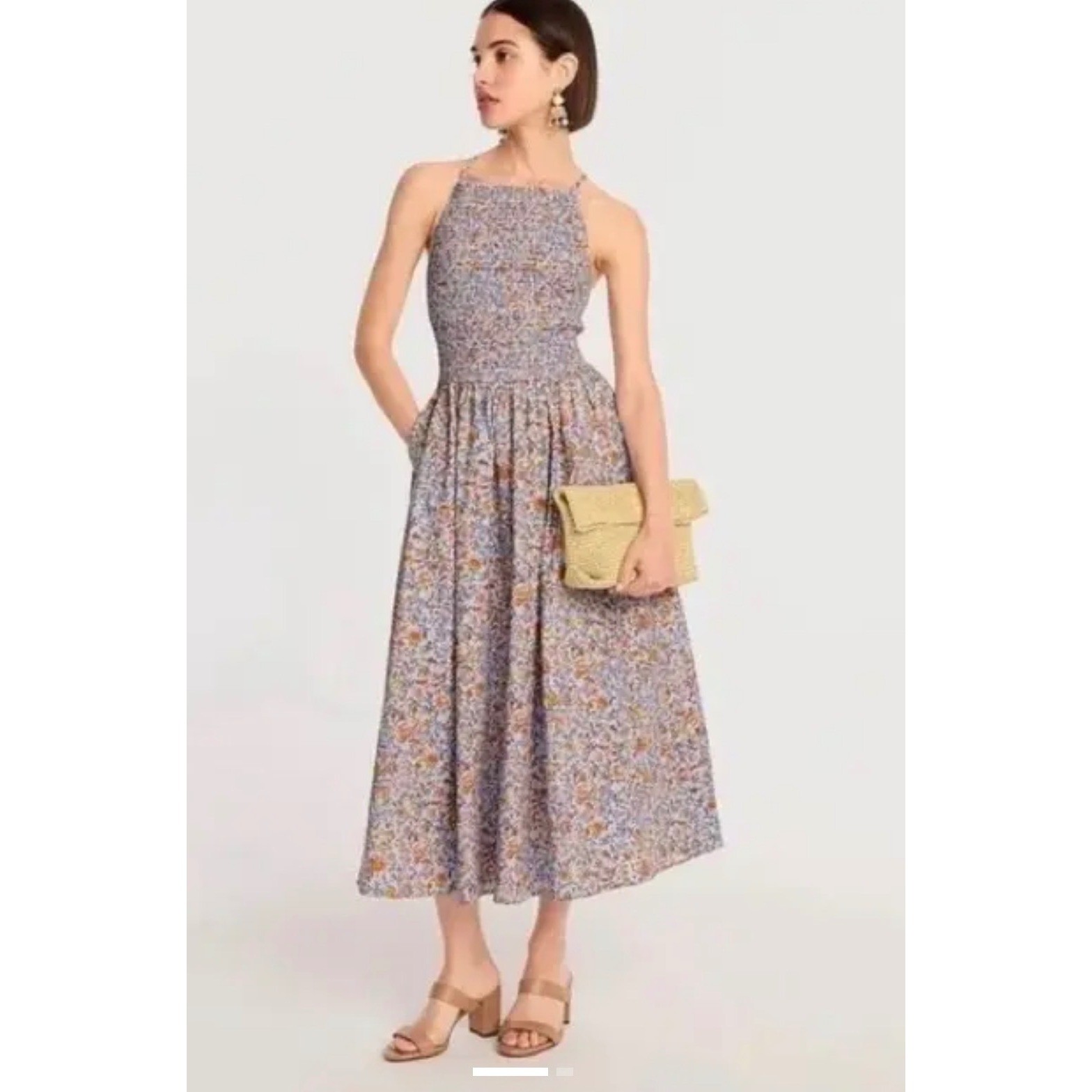 J.Crew Liberty Meadow Song Floral Smocked Cotton Poplin Midi Dress Blue Medium