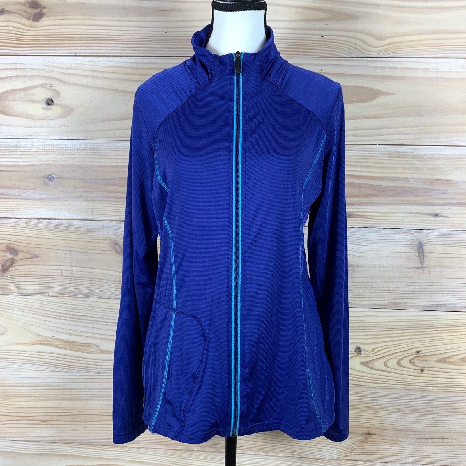 Lole Jacket Womens L Blue Full Zip Mock Neck Ribbed Athletic Activewear