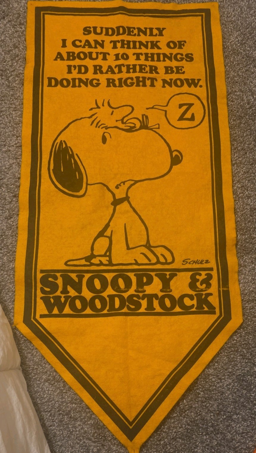 VTG 1971 Peanuts Snoopy Woodstock 10 Things I'd Rather Be Doing Felt Banner VTG 1971 Peanuts Snoopy Woodstock 10 Things I'd Rather Be Doing Felt Banner