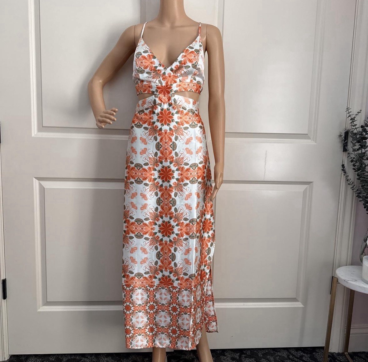 House of Harlow 1960 Floral Cutout Maxi Dress Size XS Orange Print Satin Flowy