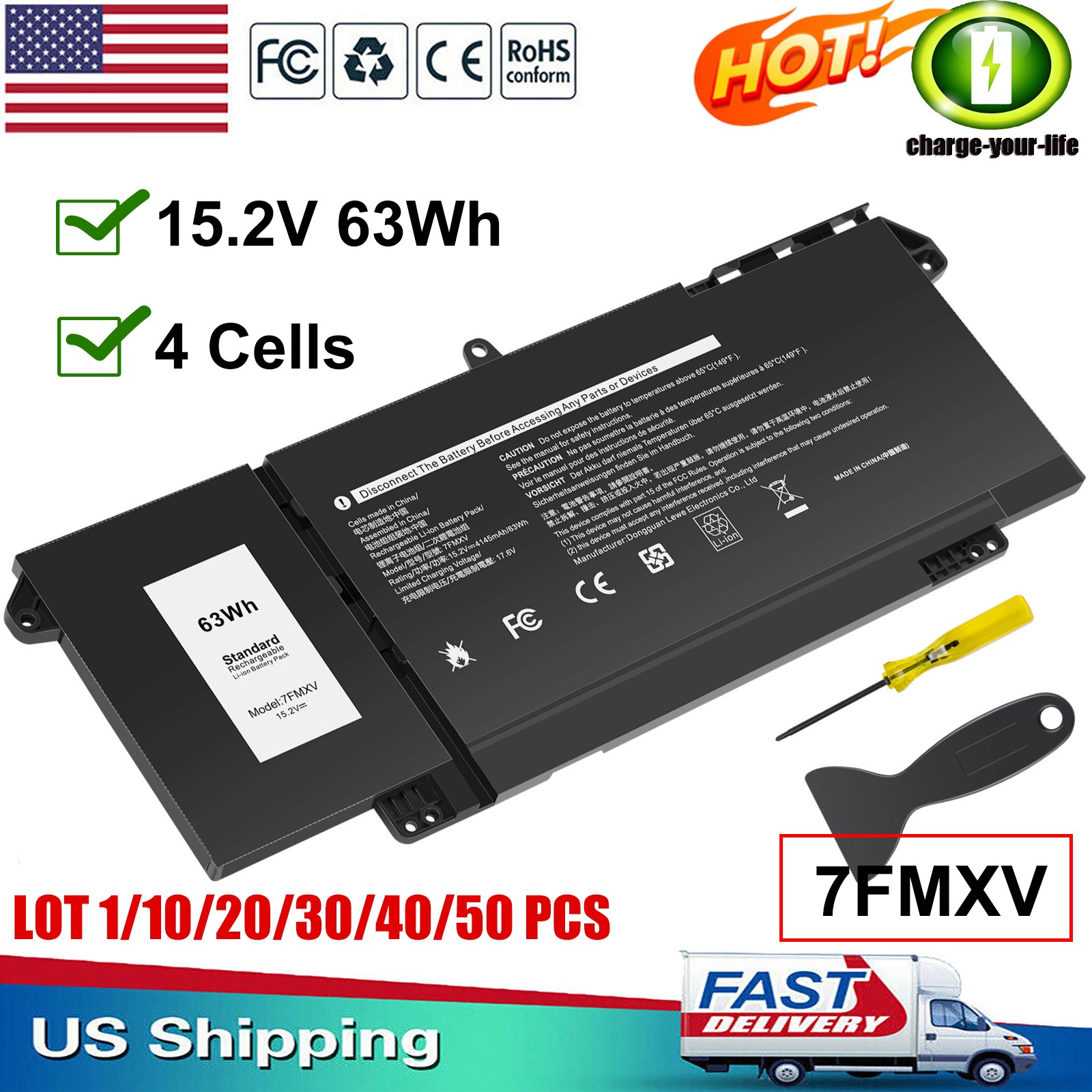 ✅LOT 1-50 7FMXV Battery For Latitude 5320 7320 7420 7520 9JM71 0TN2GY TN2GY 63Wh