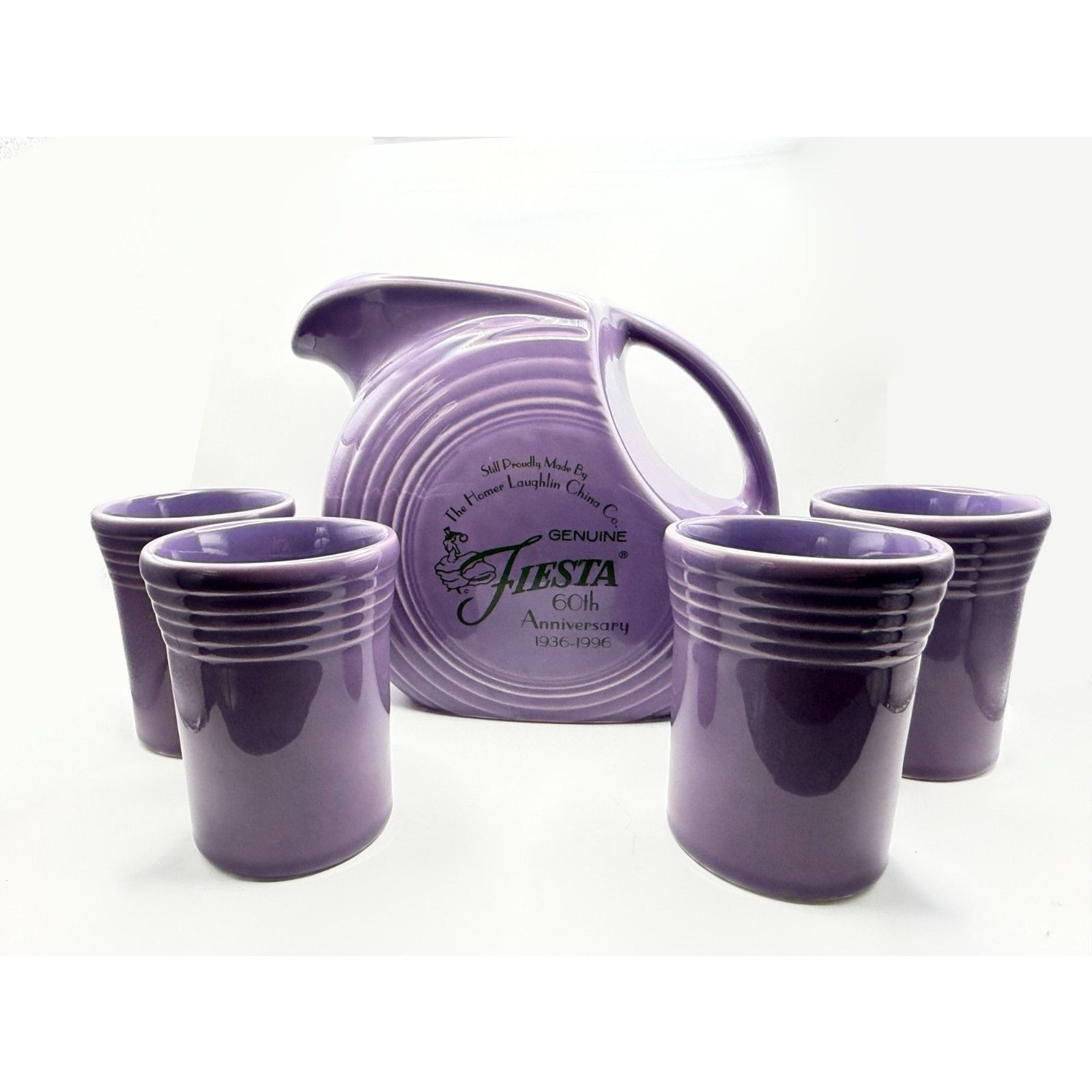 Vintage Fiesta Ware 60th Anniversary Purple Lilac Pitcher & 4 Tumblers 1996
