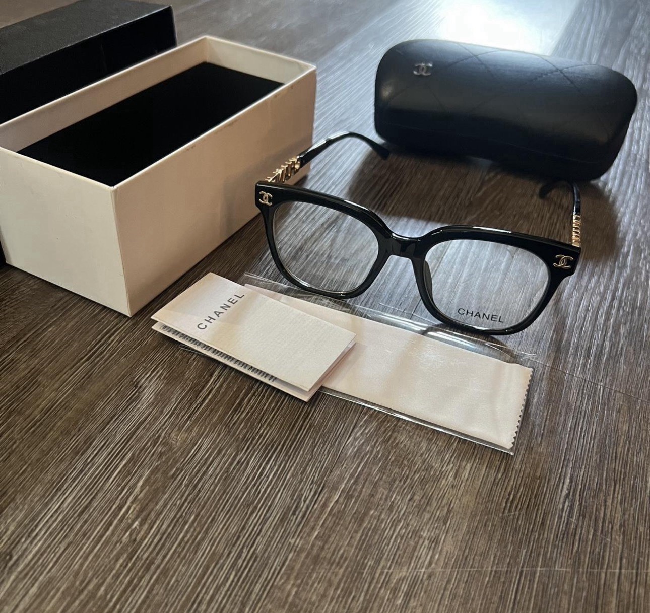 CHANEL Square Black Plastic Full Rim Eyeglasses with Case and Box