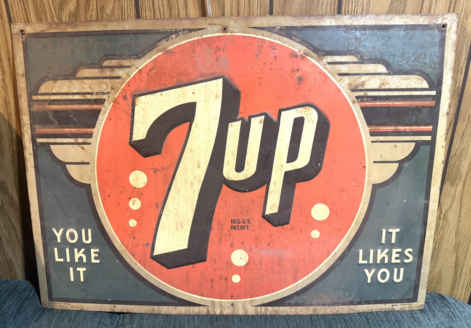 Vintage 1946 7UP “You Like It” “It Likes You” Deco Painted Metal Embossed Sign Vintage 1946 7UP “You Like It” “It Likes You” Deco Painted Metal Embossed Sign