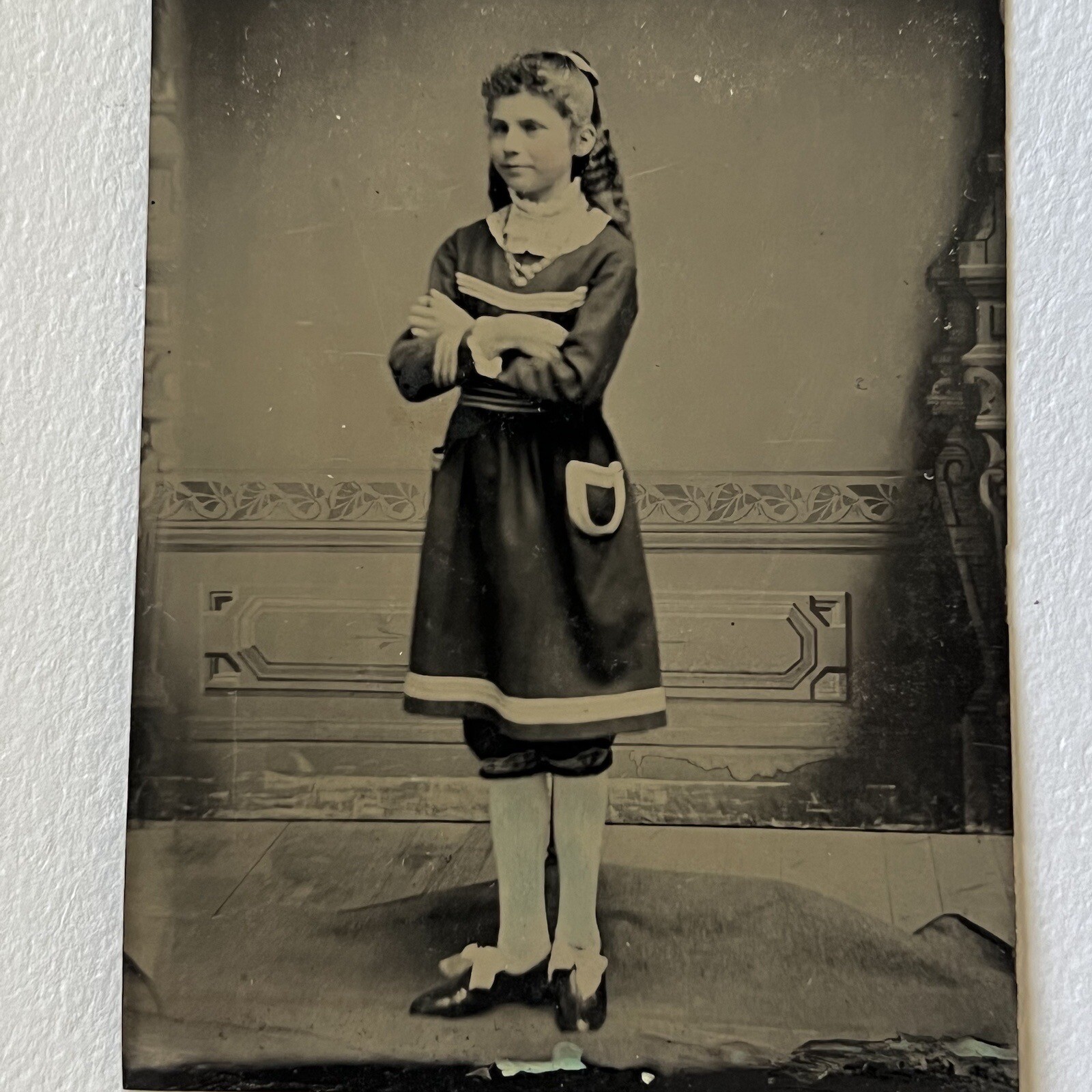 Antique Tintype Photograph Adorable Little Girl Unique Attire Tinted Blue Socks