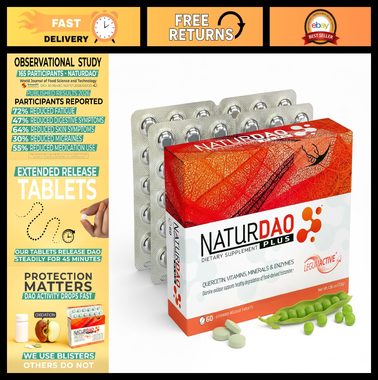 DAO Enzyme 1,000,000 HDU - Advanced Histamine Blocker - 60 Extended Release Tabl