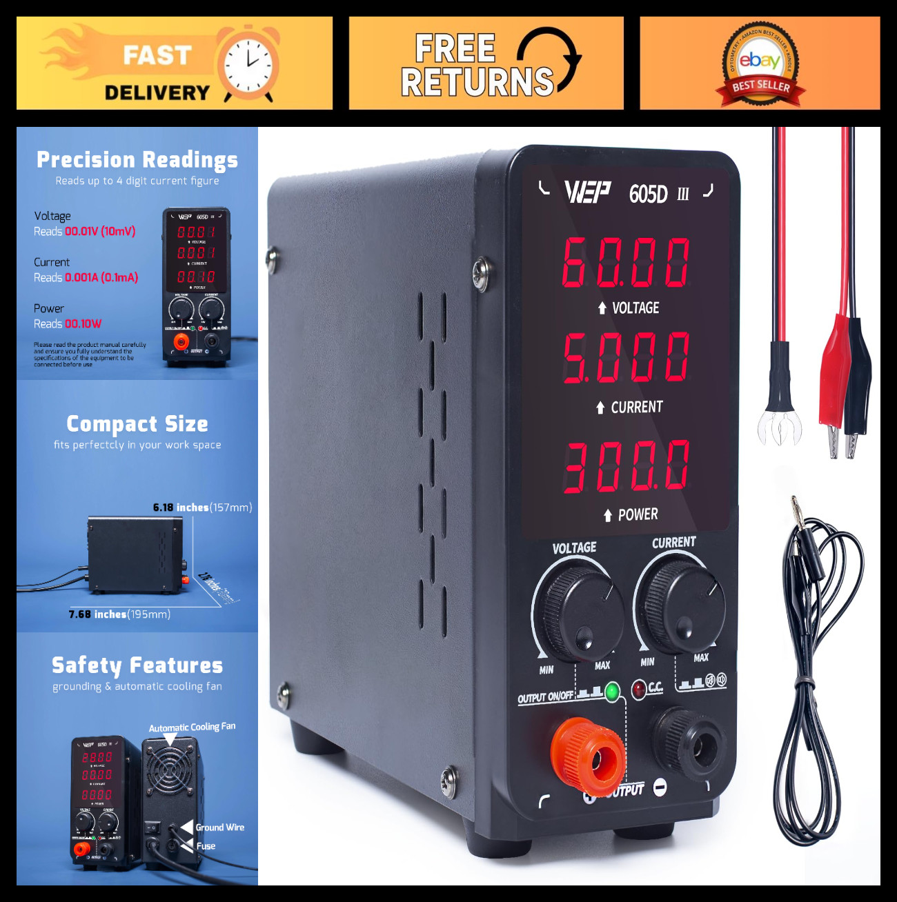 High Precision DC Variable Power Supply 60V 5A Bench Lab Supply with Alligator C