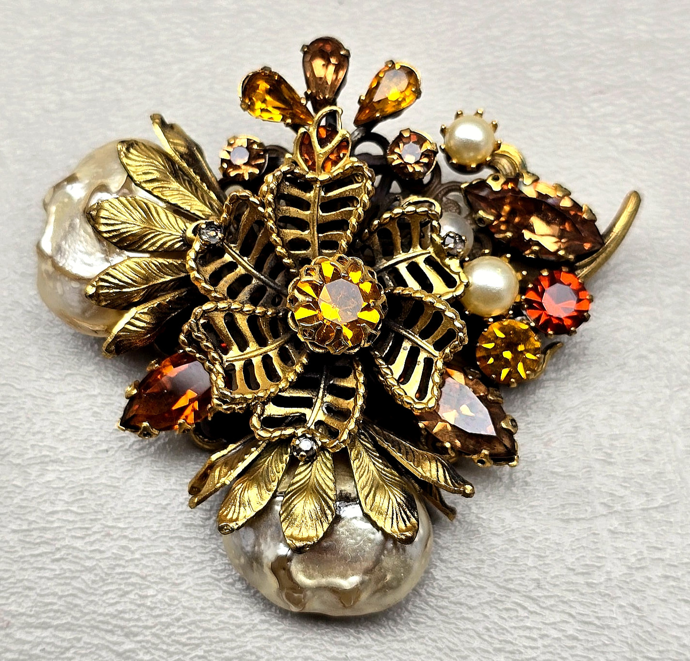 Vintage Vendome Brooch Amber Rhinestone Faux Pearl Floral Statement Pin 2.5\