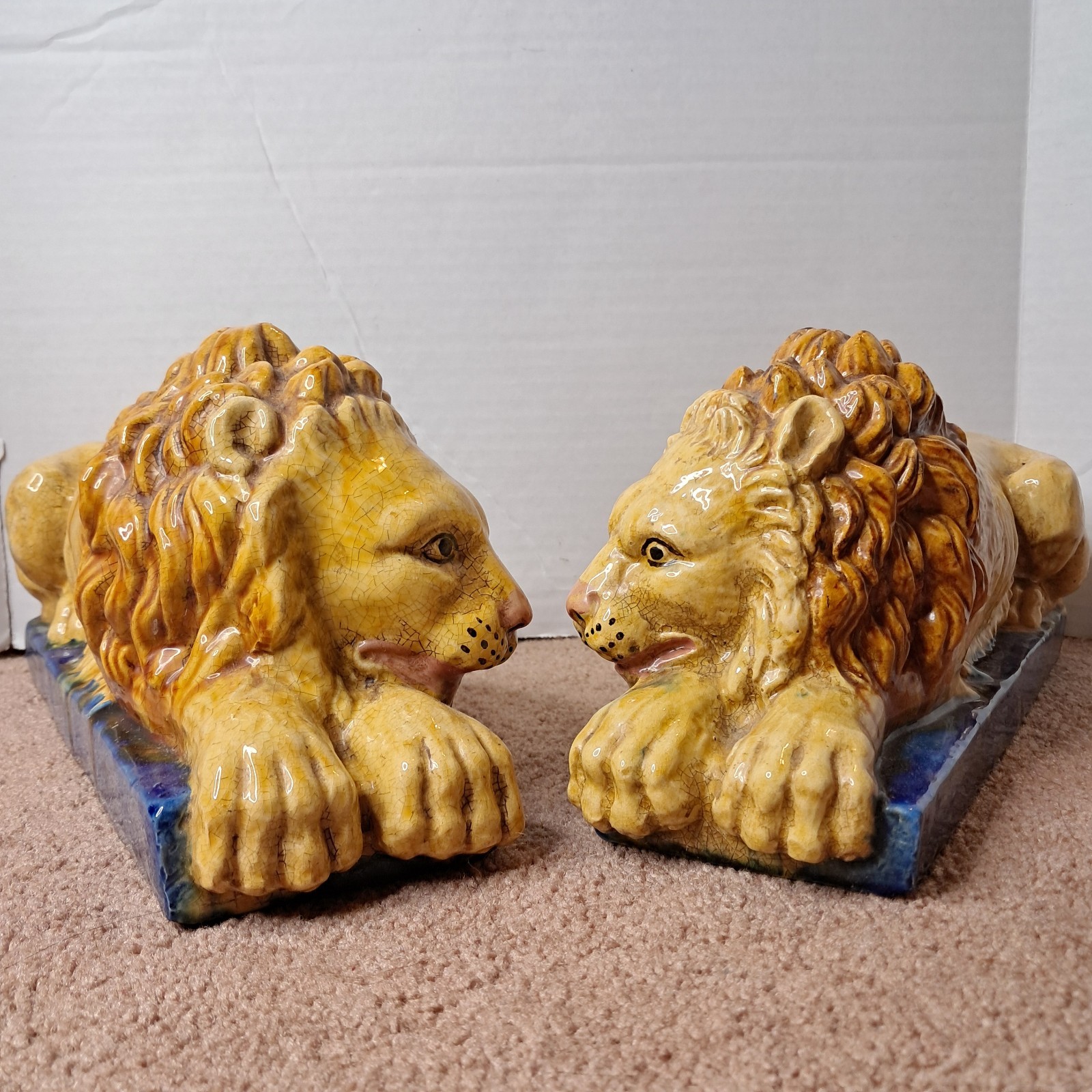 Rare Pair Of Antique Italian Earthenware Ceramic Glazed Recumbent Lions Italy