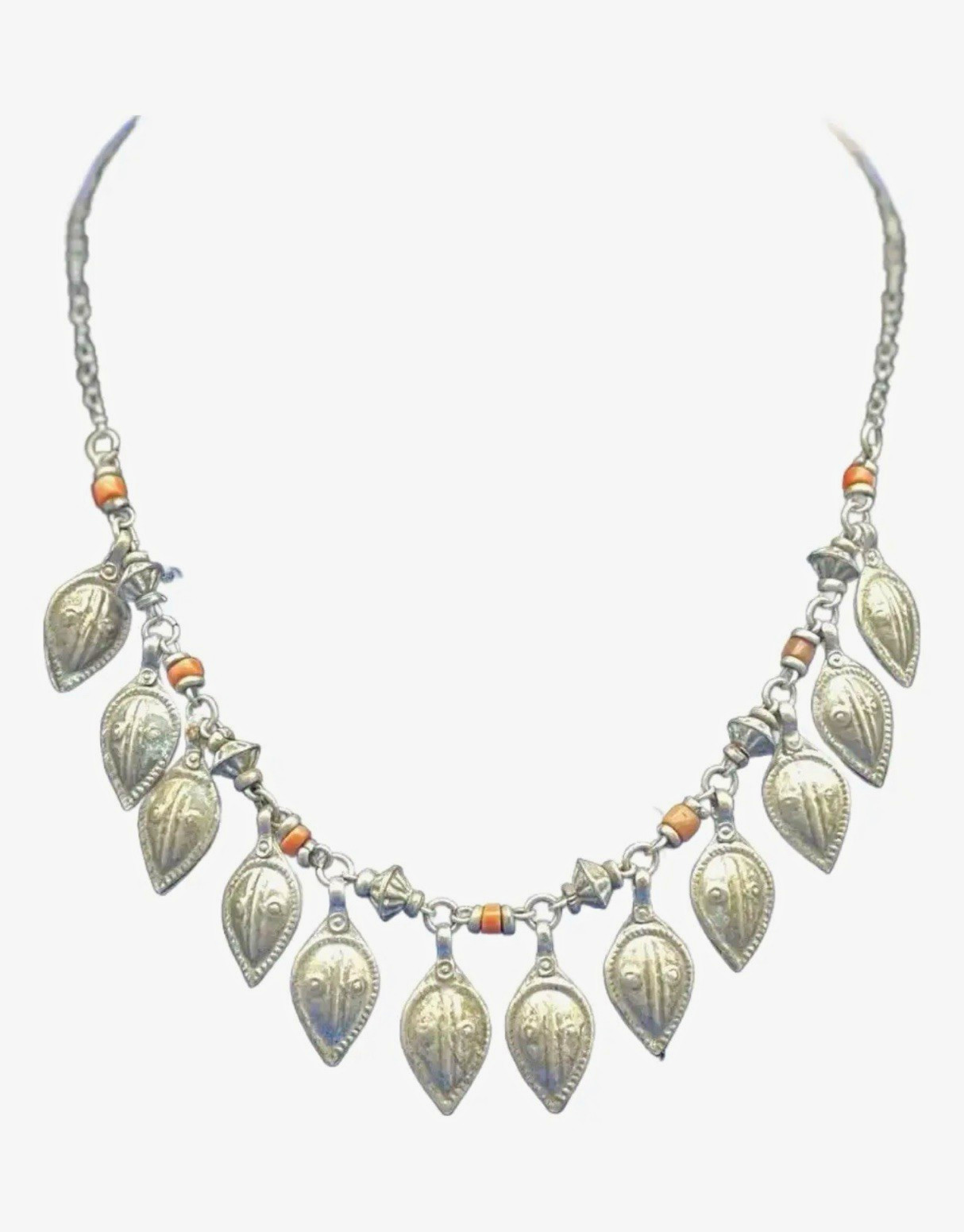 Antique Turkmen/Yemen Tribal Silver Leaf Necklace, Coral Accent Beads. Antique Turkmen/Yemen Tribal Silver Leaf Necklace, Coral Accent Beads.