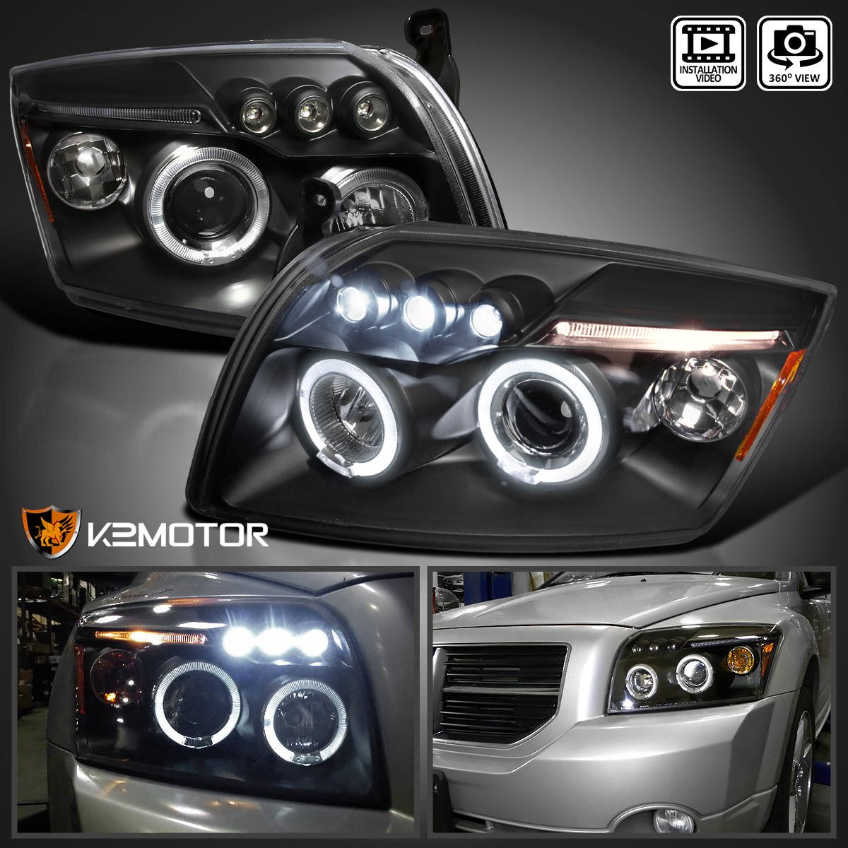 Black Fits 2007-2012 Dodge Caliber LED Halo Projector Headlights Lamps L+R 07-12 Black Fits 2007-2012 Dodge Caliber LED Halo Projector Headlights Lamps L+R 07-12