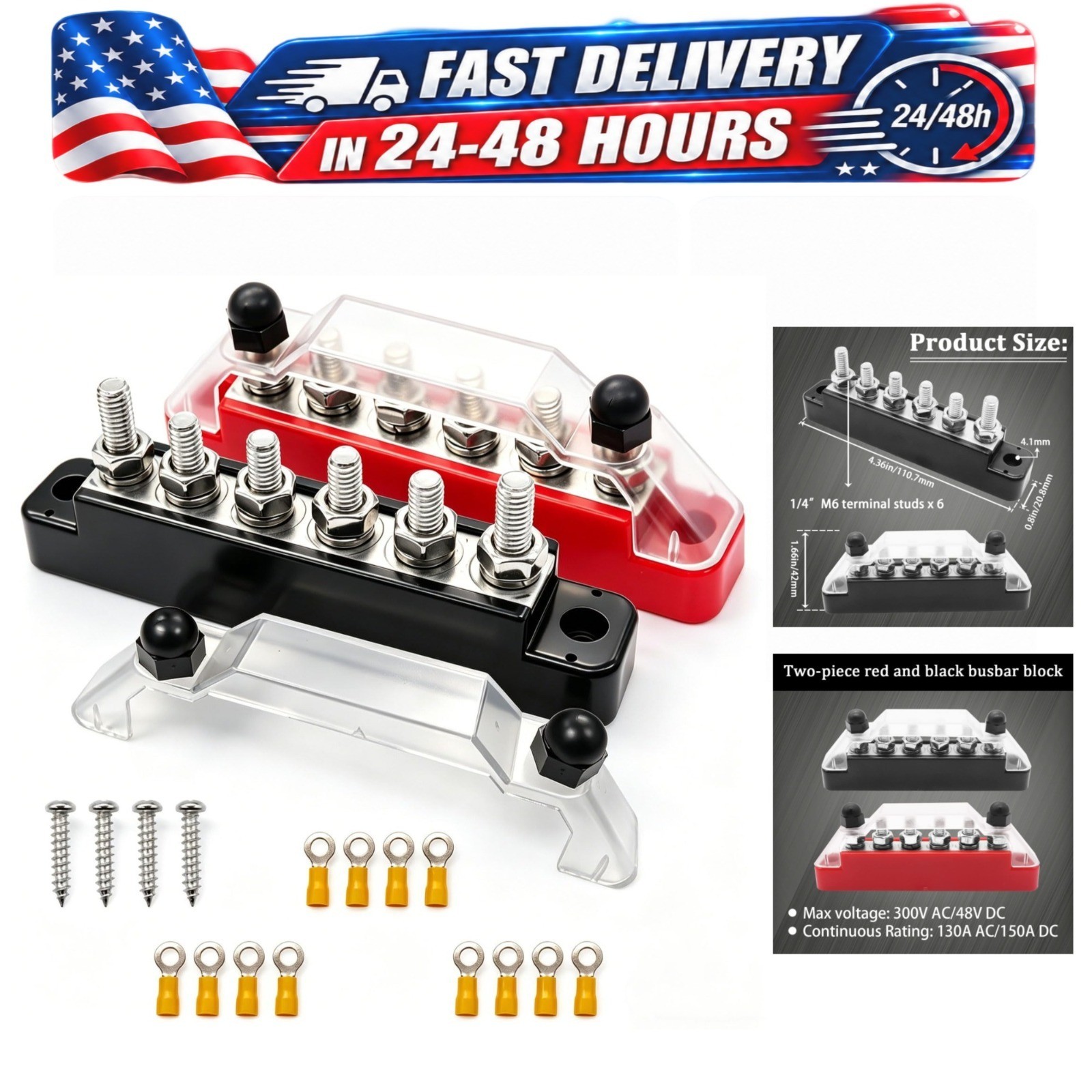 150A Bus Bar 12V-48V Marine Power Distribution Block with Cover 6x 1/4\