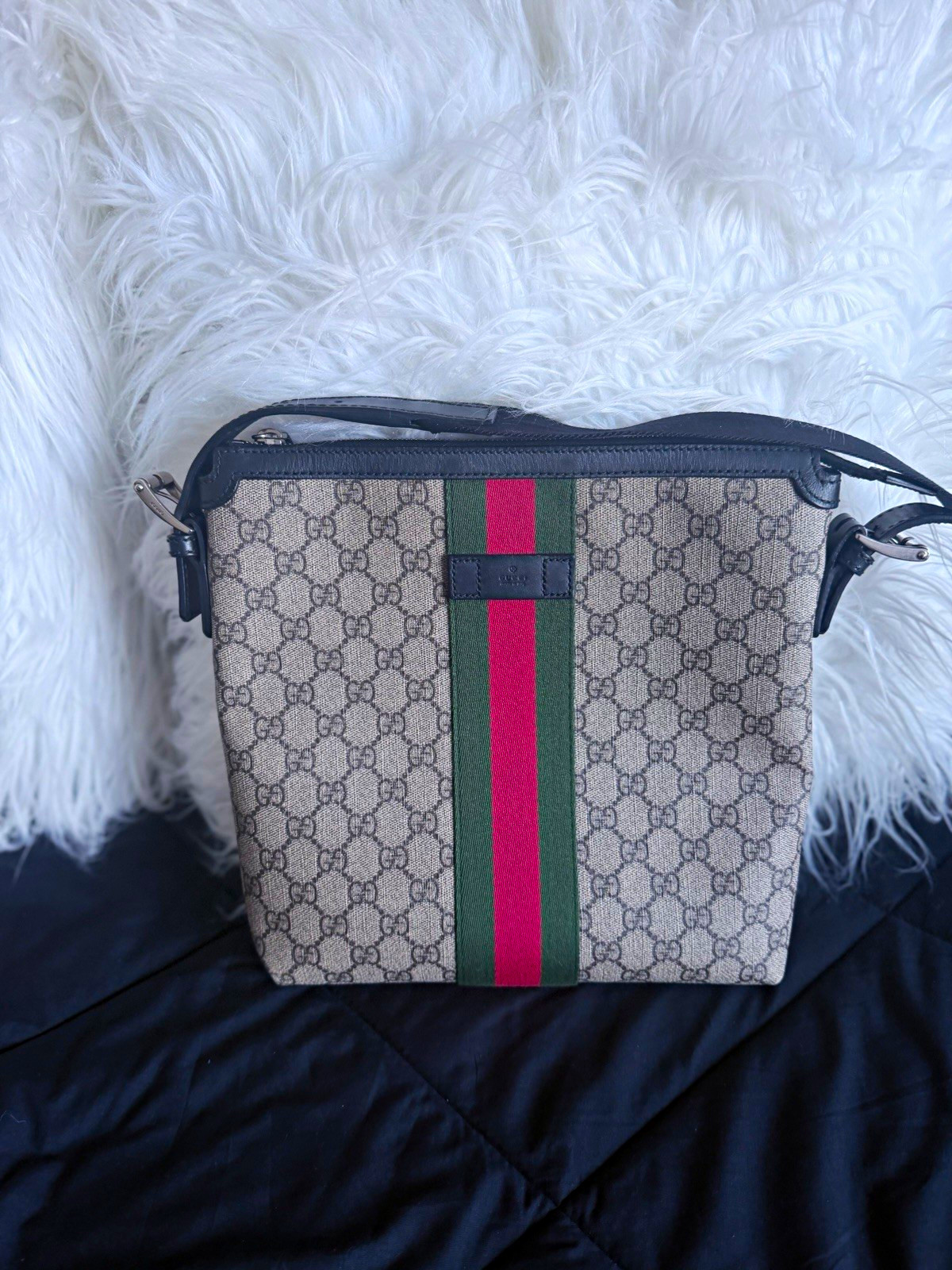 Gucci GG Pattern Web Stripe Zip Crossbody Bag Adjustable Strap Silver HW