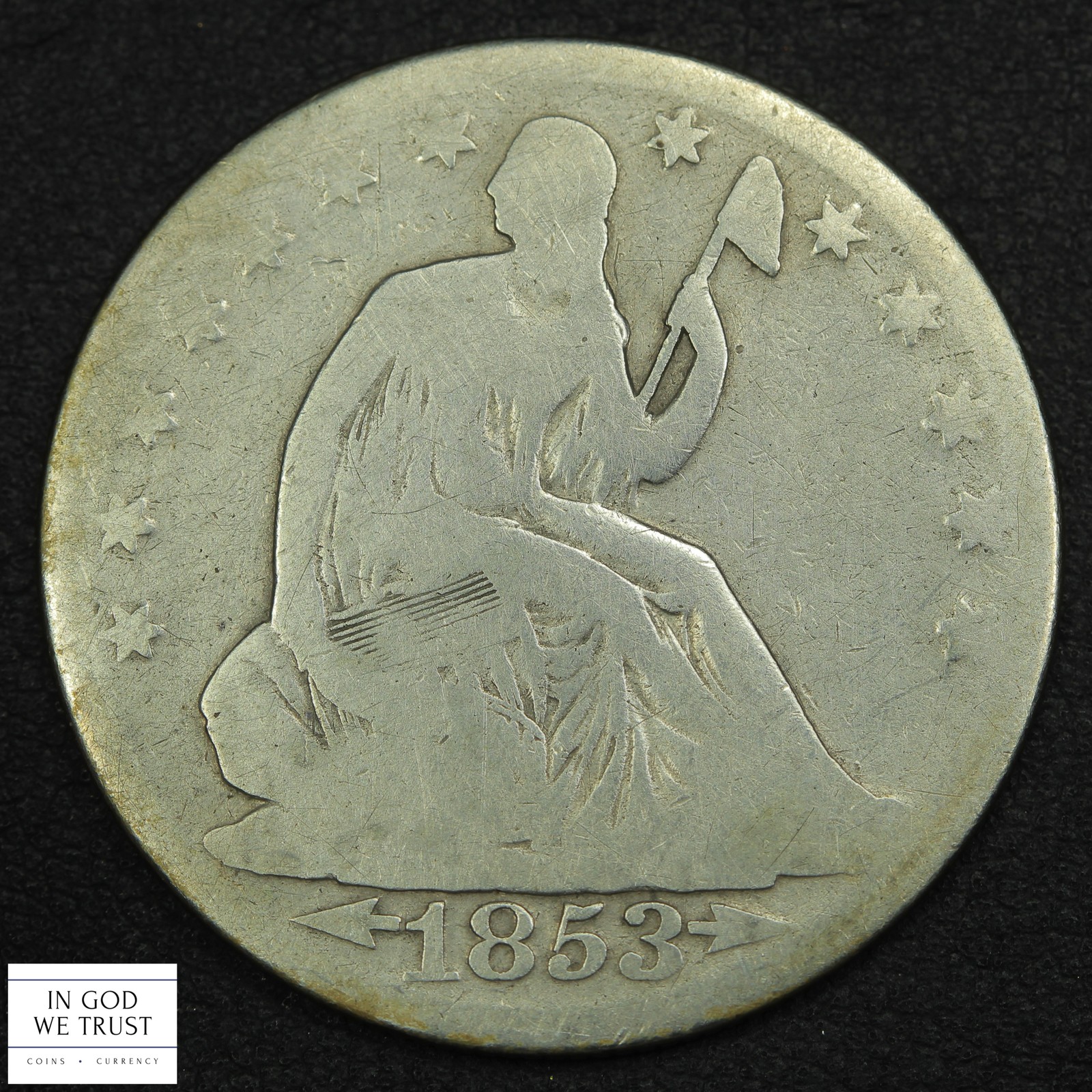 1853 O Arrows & Rays Seated Liberty Silver Half Dollar 50C - Cleaned