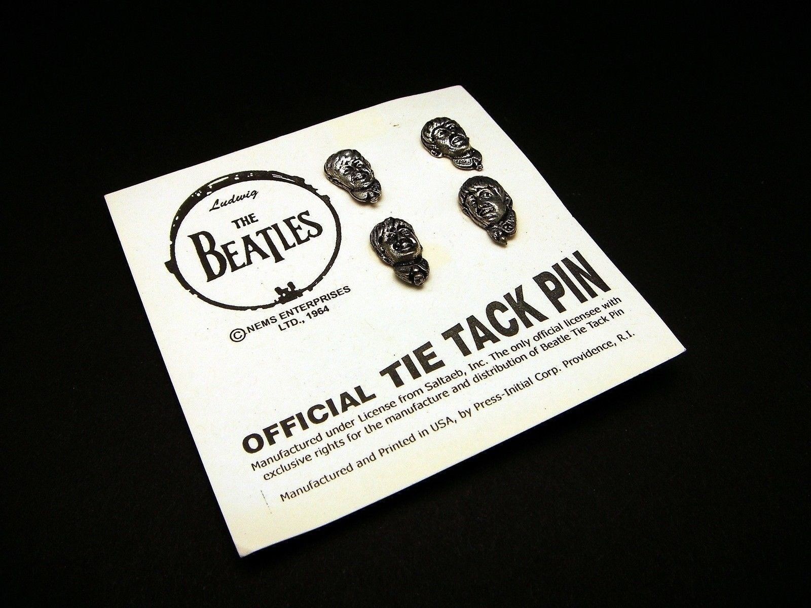 Vintage The Beatles Pinback Tie Tac Pin Set Official Pewter Heads On Card