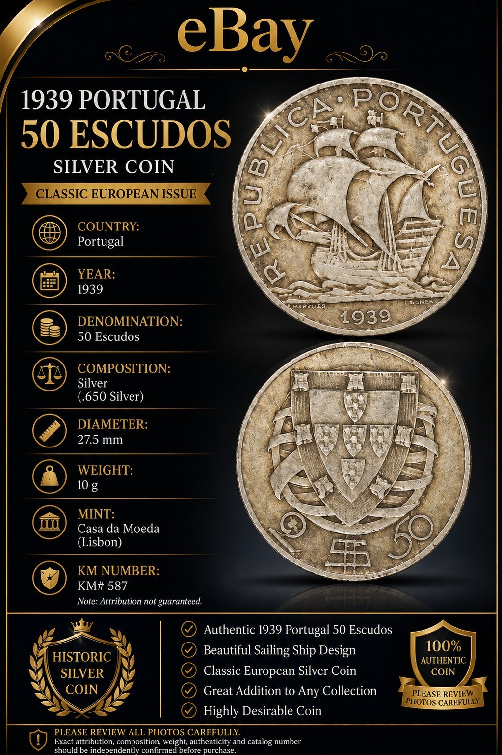 1939 Portugal 2½ Escudos Silver Coin KM#580 Portuguese Sailing Ship Historic
