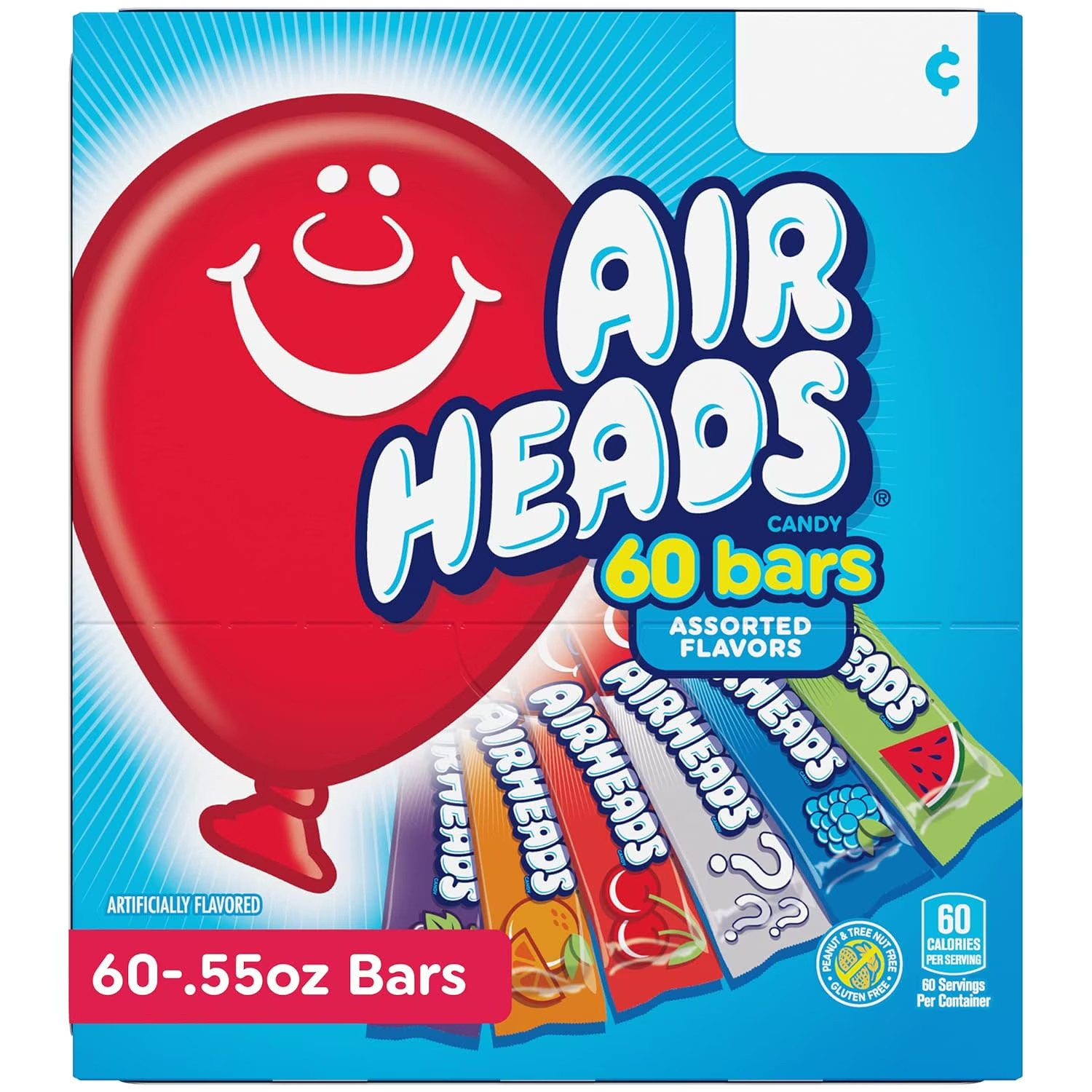 Airheads Chewy Candy Bars, Assorted Flavors, Nut Free, Regular Size, 55 oz, 60 C