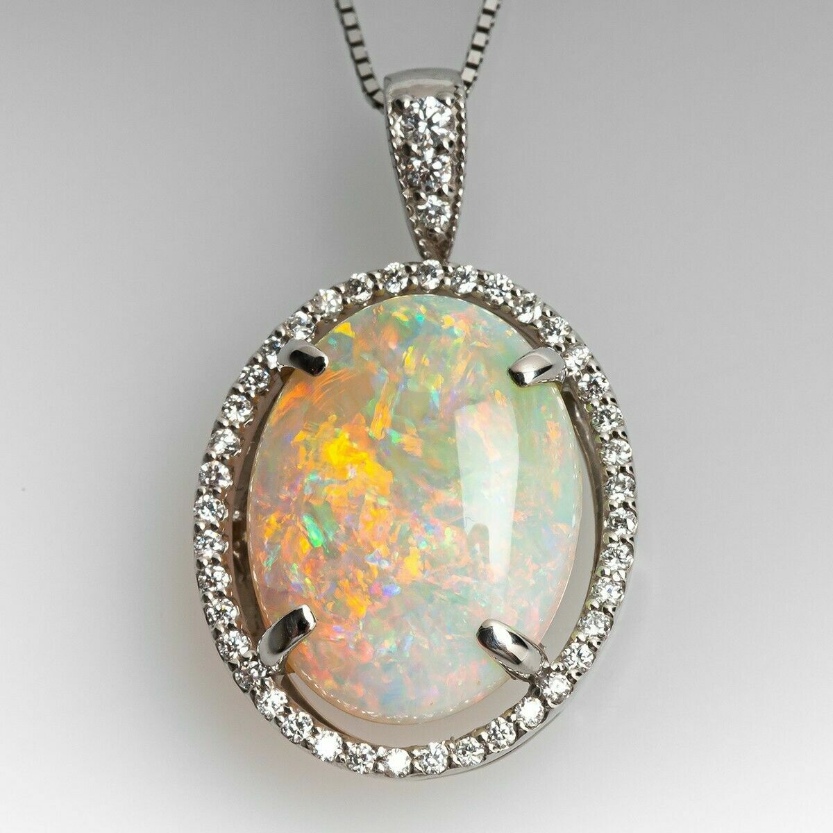 Gorgeous 2Ct Oval Cut Fire Opal Halo Pendant 14K White Gold FN 18\