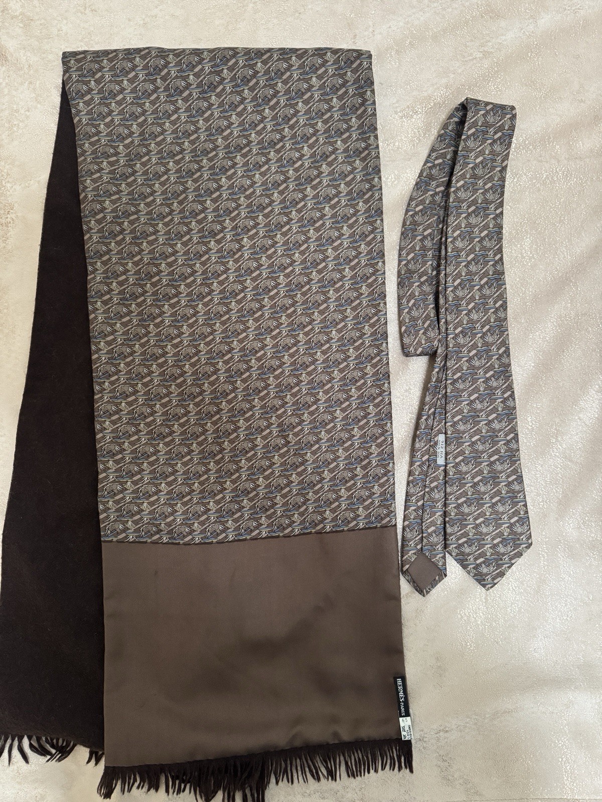Authentic Vintage Hermès Paris Silk Scarf & Tie Set Rabbit Bunny Print Brown