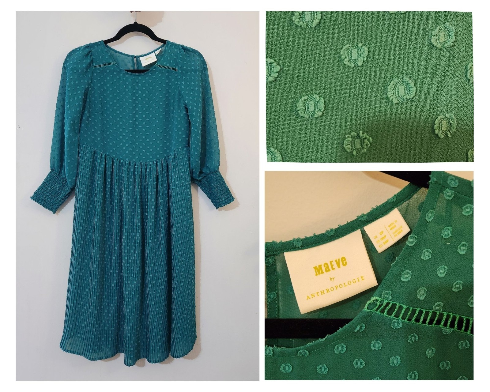 Anthropologie Maeve Swiss Dot Long Sleeve Pleated Green Midi Dress Size 00P 