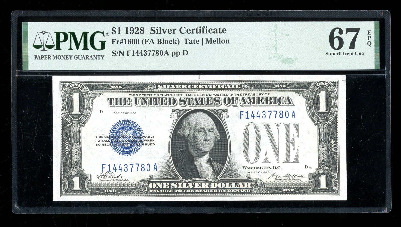 DBR 1928 $1 Silver Fr. 1600 FA Block Superb Gem PMG 67 EPQ Serial F14437780A