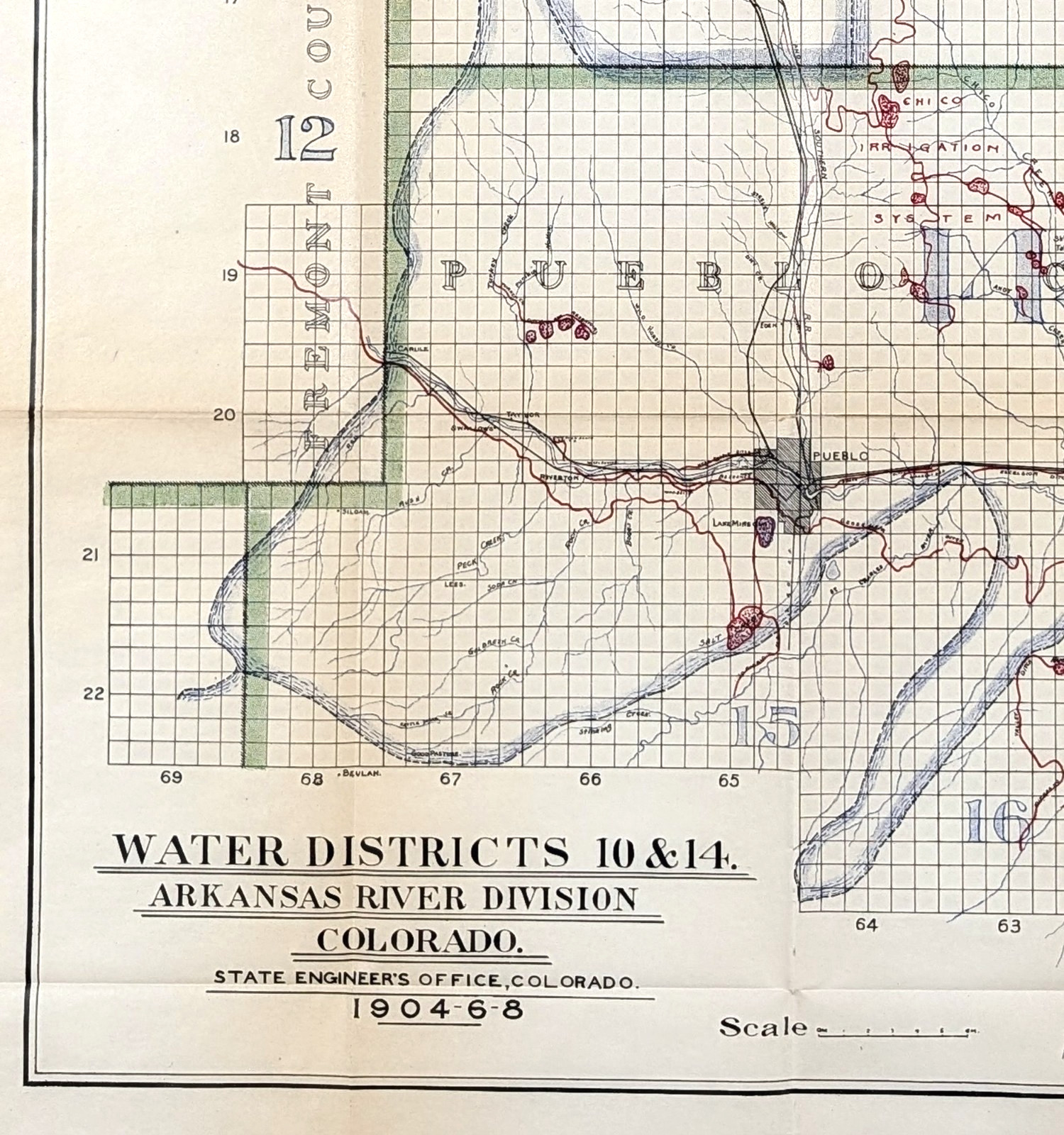 1909 COLORADO Irrigation Map PUEBLO - EL PASO - MANITOU SPRINGS - TIMBER LANDS