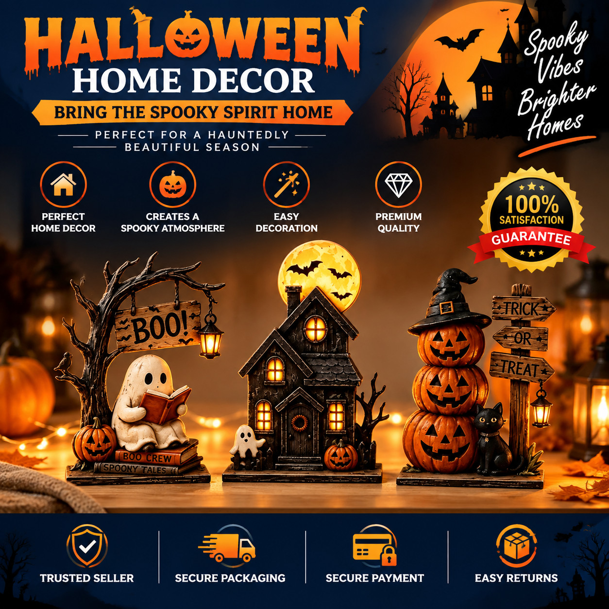3pc Halloween Decor Set Haunted House Ghost Pumpkin Tabletop Statue Centerpiece
