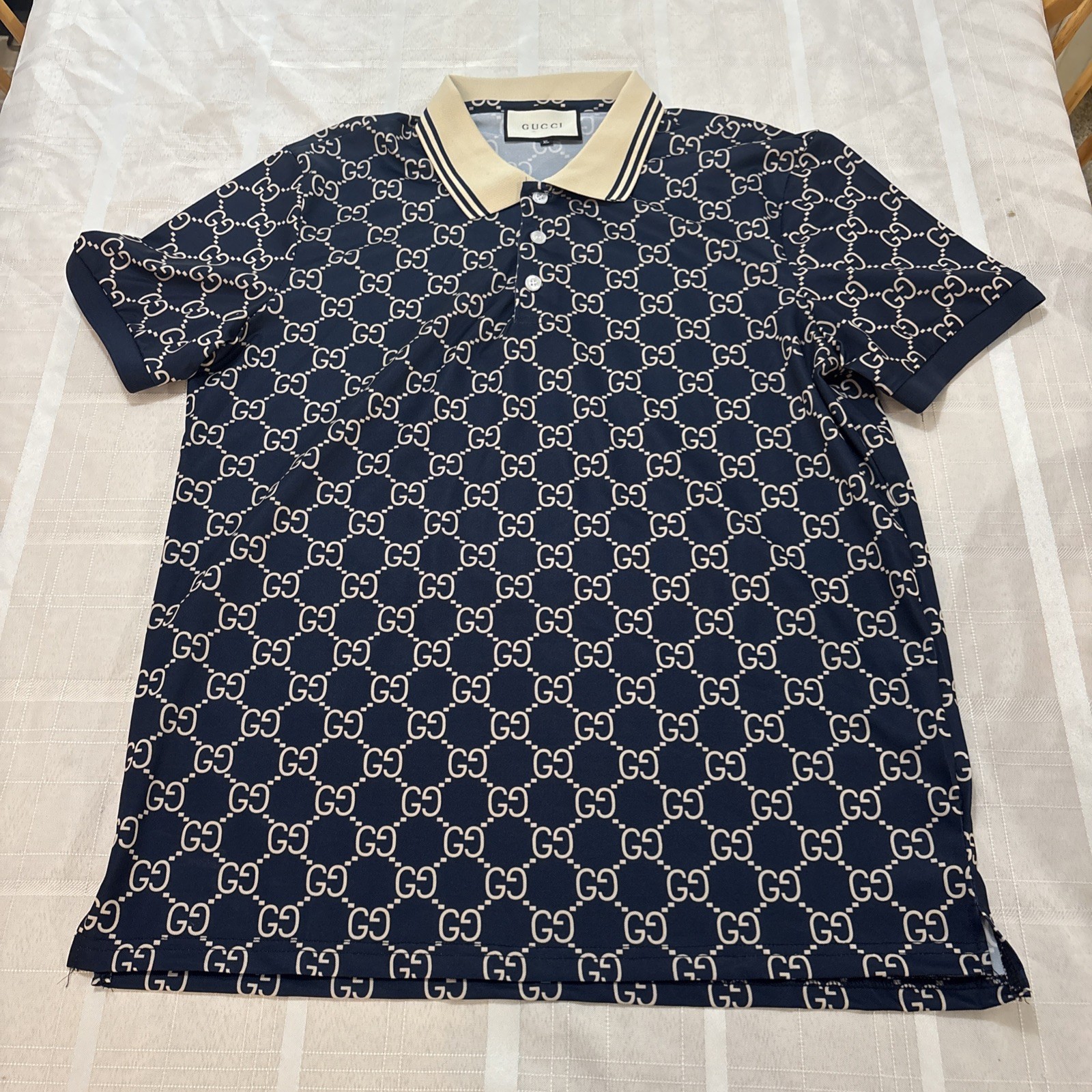Gucci GG Cotton Polo Shirt Navy Blue Beige Collar Size XL Casual