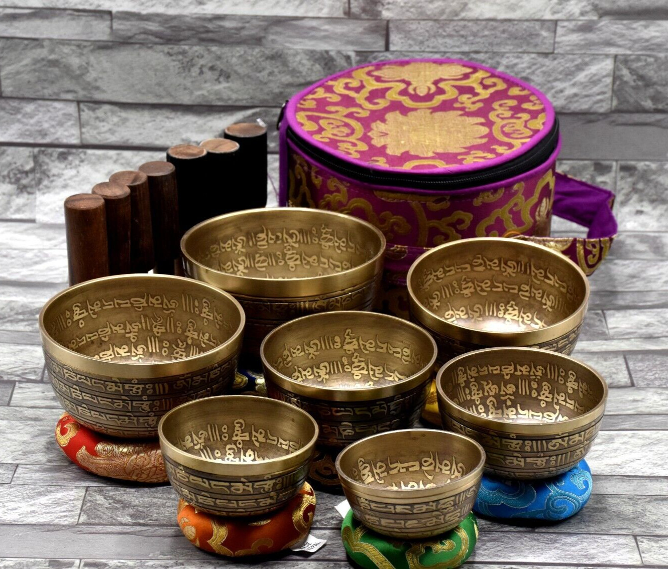 Mantra Etching Singing Bowl Set-Tibetan Singing Bowl Set of 7-Chakra Healing Set Mantra Etching Singing Bowl Set-Tibetan Singing Bowl Set of 7-Chakra Healing Set