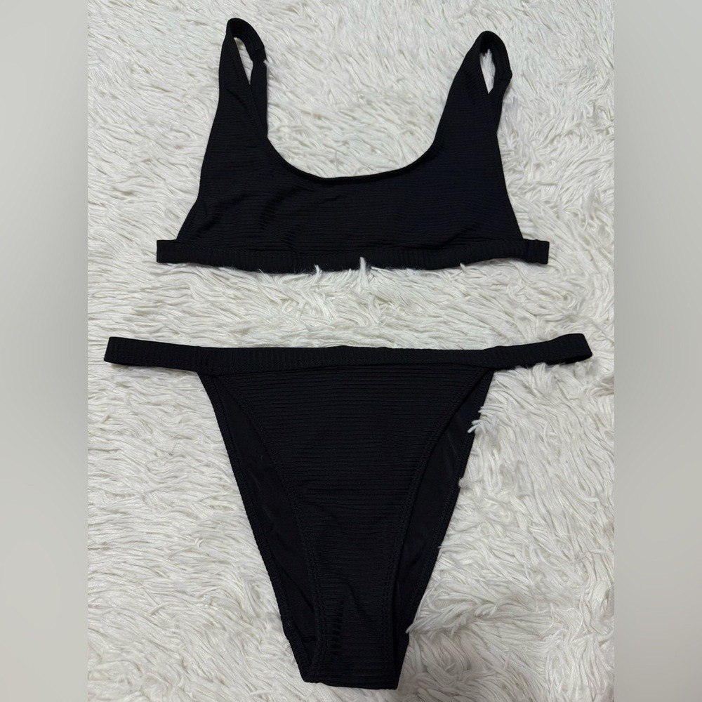 LA Hearts by PacSun Ribbed Bikini Set Black Scoop Neck High Cut Women Size M LA Hearts by PacSun Ribbed Bikini Set Black Scoop Neck High Cut Women Size M
