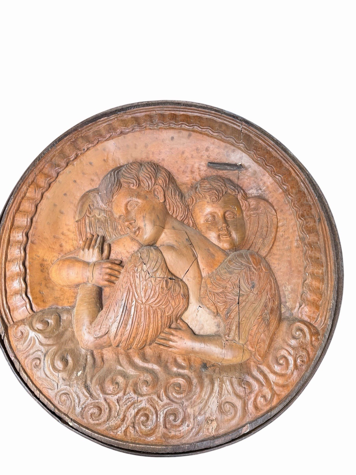 Antique Large Carved Wood Cherub Roundel Architectural Church Medallion 38”
