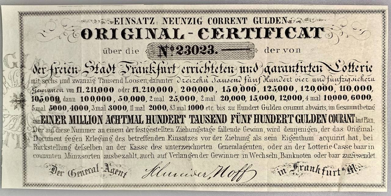 German States Freie Stadt Frankfurt Lotterie Original Certificat 1848