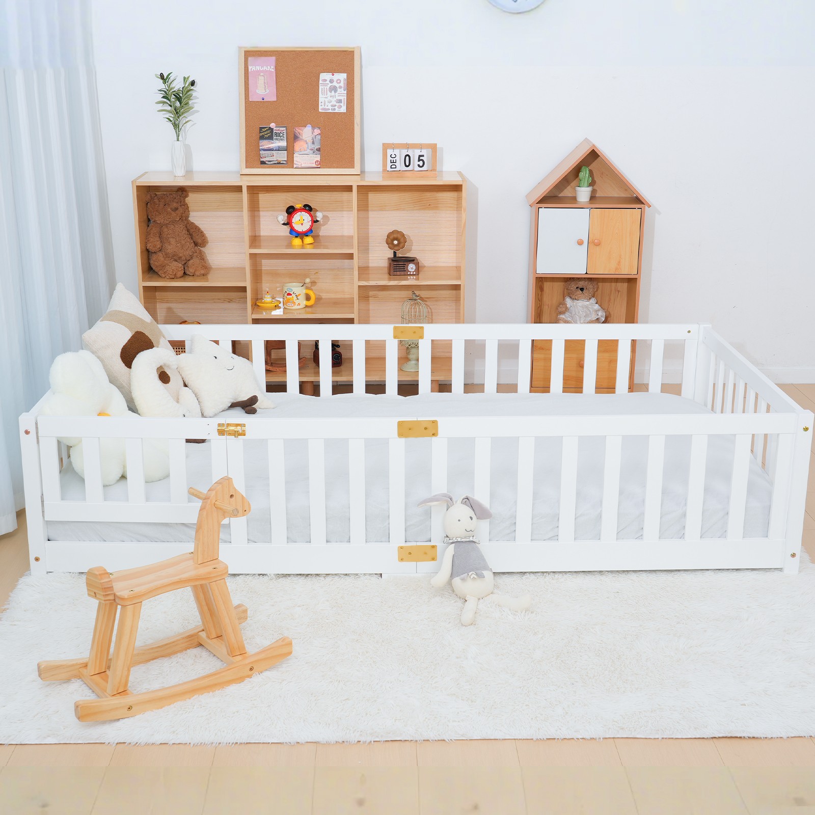 SUNYRISY Toddler Floor Bed Twin/Full Size Wooden Bed Frame with Guardrails