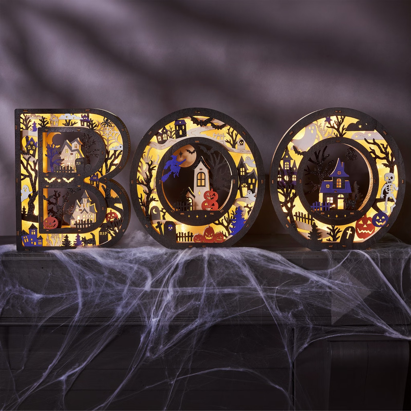 New BOO Wooden Light Up Letters Set of 3 Halloween LED Tabletop Décor with Timer
