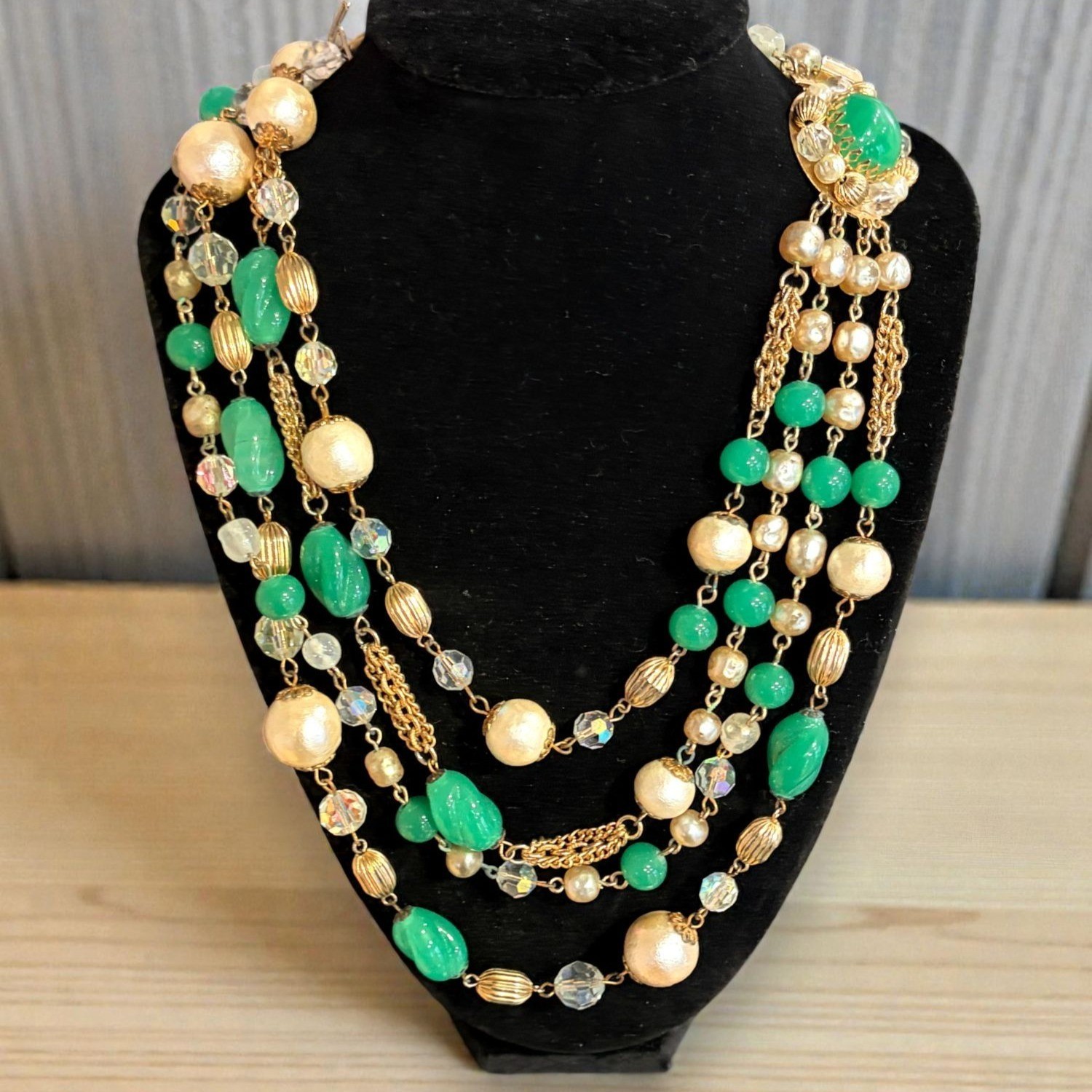 1950s Weiss?  Multi Strand Faux Jade Cotton Pearl Crystal Bead Bib Necklace