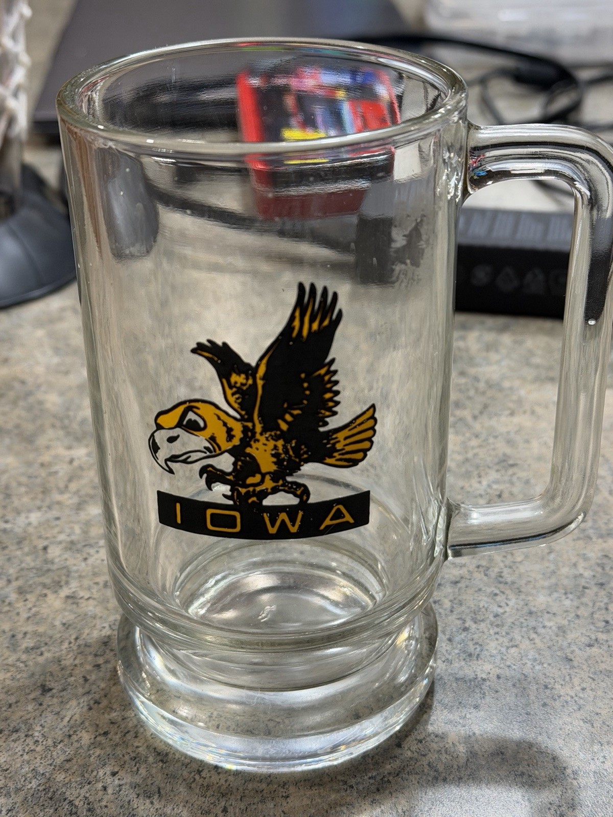 Vtg pre-1970s Iowa Hawkeyes football Herky the Hawk tall drinking glass Vtg pre-1970s Iowa Hawkeyes football Herky the Hawk tall drinking glass