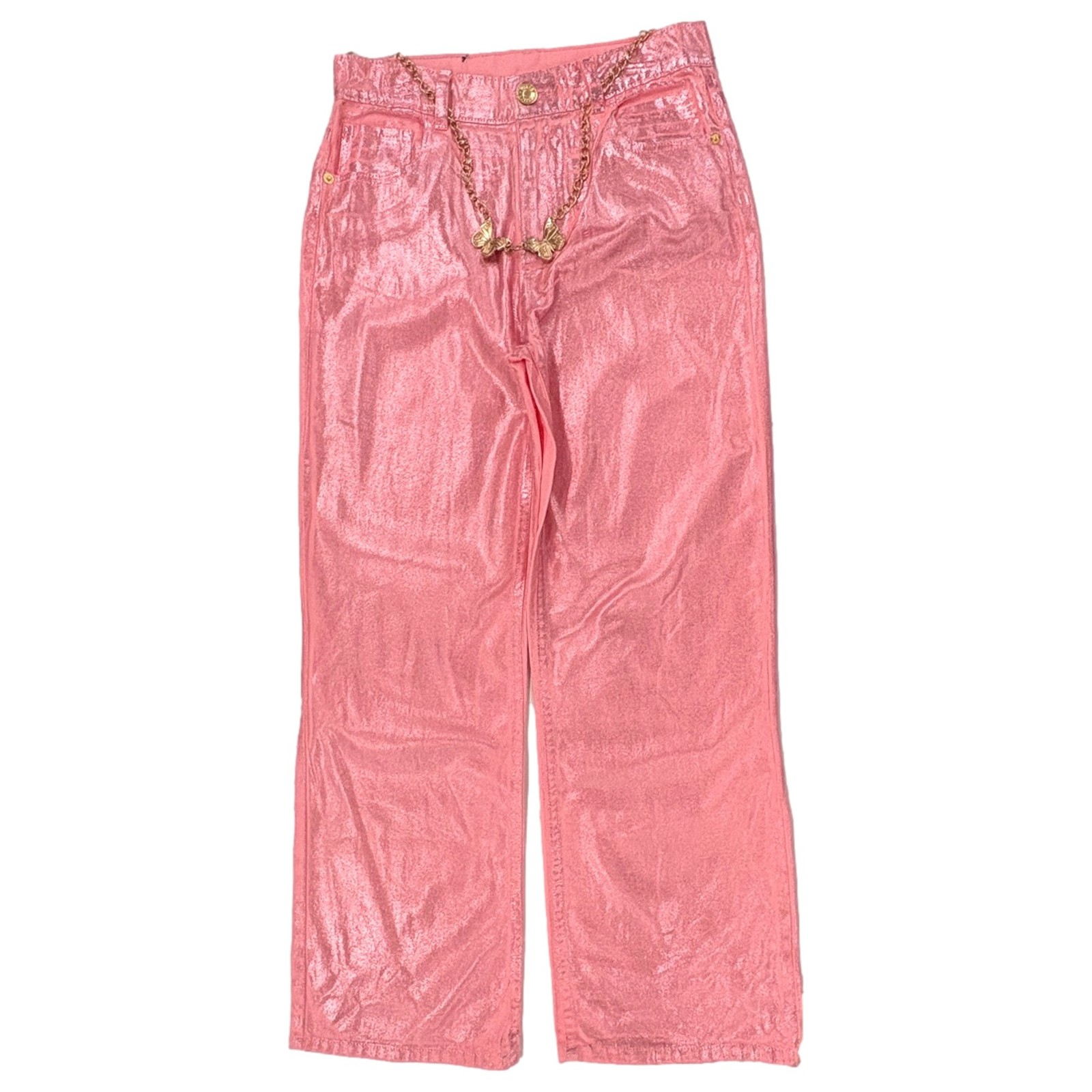 Justice Girls Wicked Pink Pants Shimmer Baggy Relaxed Flare Denim Belted Jeans