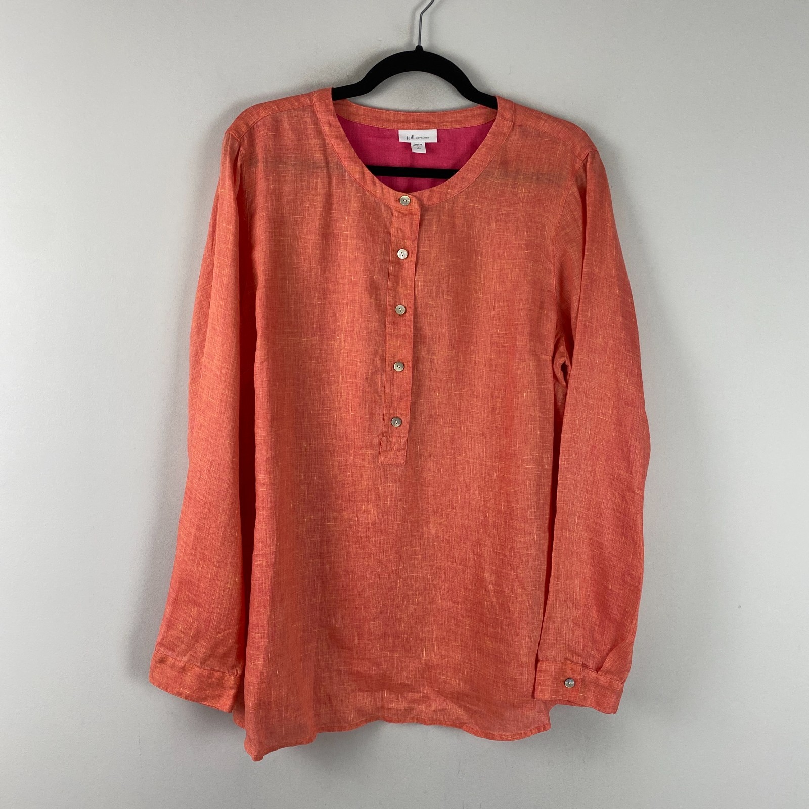 J Jill Love Linen Popover Blouse Size Large Tall Coral Orange Long Sleeve