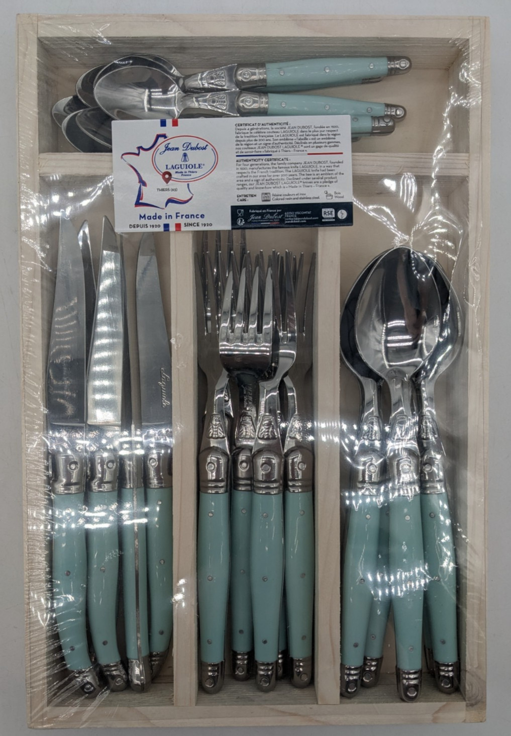 Laguiole Flatware by Jean Dubost | Turquoise | 24 Pieces plus Wood Tray
